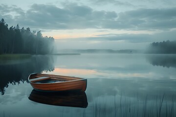 Wall Mural - Generative AI Image of Boat Floating at Quiet Lake with Fog and Bright Sky Wallpaper