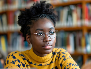 Poster - A young woman with glasses and a yellow sweater sits in front of a library of books. She is focused on something, possibly studying or reading. Concept of concentration and intellectual curiosity