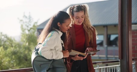 Poster - Girls, students and reading on campus for learning, education and knowledge for exams. Women, friends and together with book for brainstorming, discussion and support for team project at university