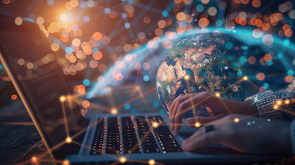 Software engineer working on a laptop, providing technical support with a global network background