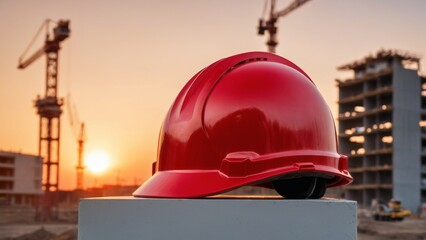 Wall Mural - red hard hat placed on construction site at sunset with construction site background, safety first concept