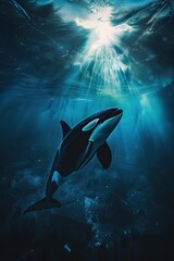 Canvas Print - Orca Swimming Upwards Through a Beam of Sunlight in Deep Ocean Water