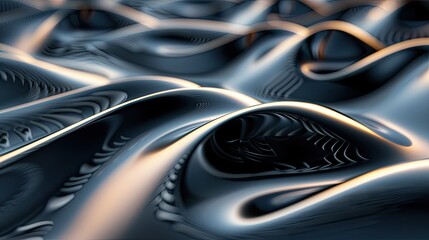 Abstract 3D waves with a glossy metallic finish, undulating smoothly and evoking a sense of movement.