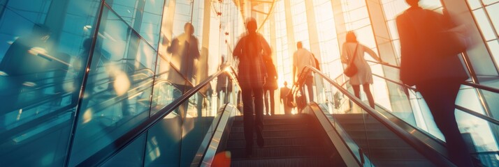 Poster - Silhouettes of People Walking on an Escalator in a Modern Building