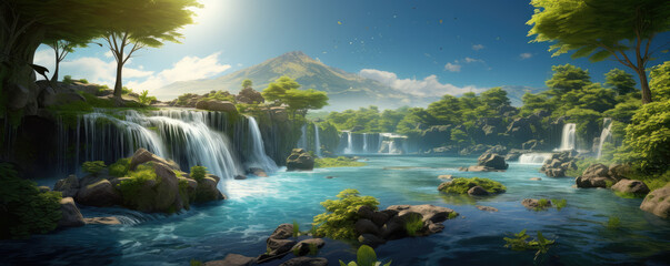 Sticker - Serene Waterfall Oasis Amidst Verdant Nature