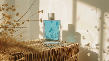 Poster - empty square blue perfume bottle on rattan table, Ai generated Images