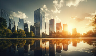 Sticker - Urban Oasis: Reflective Cityscape at Sunset