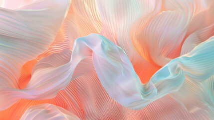 3D rendered fluid glossy peach and cyan gradient high-end luxurious pleated gauze lined wavy fabric with beautiful curves abstract cosmetic beauty technology wallpaper background 