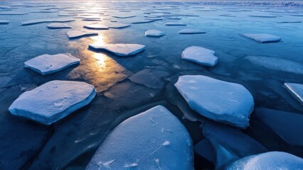 Wall Mural -  broken ice floess on the icy river bank,