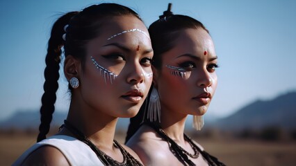 Canvas Print -  the three women in the native american fashion are posing,