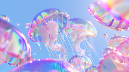 3D colorful glass textured jellyfishes floating in the air with futuristic pop style background