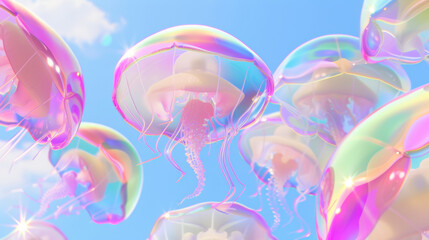 Poster - 3D colorful glass textured jellyfishes floating in the air with futuristic pop style background