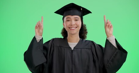 Wall Mural - Face, happy woman and graduate pointing up on green screen isolated on studio background. Graduation, portrait or student with hand gesture for promo, learning commercial or education on mockup space