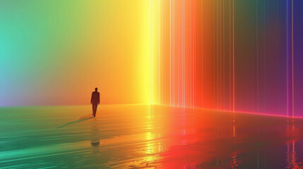 3D digital landscape with a person walking on the horizon with rainbow colored gradient digital light stripes futuristic dreamy fantasy aurora technology background