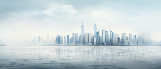 Poster - Misty City Skyline with Water Reflection