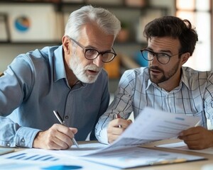 Two professionals discussing reports and statistics in a modern office environment, showcasing collaboration and teamwork.