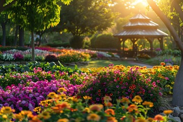 Wall Mural - Generative AI Image of Flower Garden and Path Leads to Gazebo with Sunlight Wallpaper