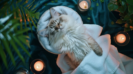 Top view close-up photo of a cute cat lies on its back in the spa covered with a spa white towel as a small blanket with ivy plants and candle lights in luxury silk blue background