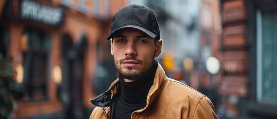 urban fashion: stylish man in black cap and tan jacket on city street