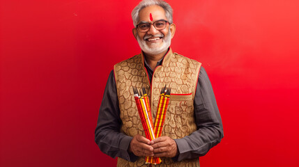 Wall Mural - Indian man  holding crackers, festival look, red background