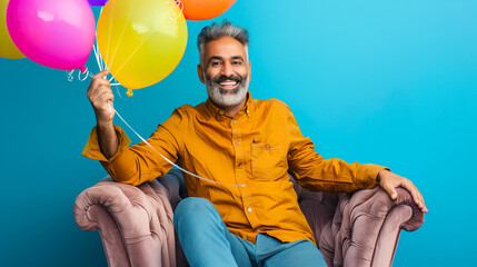 Wall Mural - Indian man holding balloons, festival look, sitting at sofa