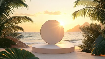 Wall Mural - 3D podium with copy space for product display, against a stunning tropical sunset beach background. Great for marketing and product showcases.