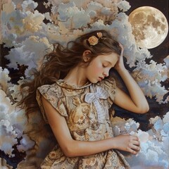 A serene portrait of a young girl dreaming under a glowing moon, surrounded by soft clouds and adorned with floral details.