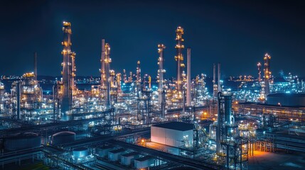 Banner of an oil refinery gas petrol plant industry with towering crude tanks and pipelines, night view with industrial lighting.