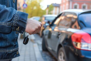 Man Unlocking Car with Key on a Sunny Day on a City Street Closeup