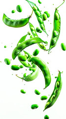 Sticker - Floating green bean in air, with whole green beans on white background