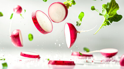 Canvas Print - Floating radish in air, slices, with whole radish on white background