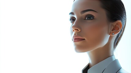 Businesswoman with a robot-like face, clean white background with generous copy space. Ideal for content on robotics and future technology.