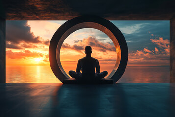 silhouette of a person meditating in front of a stunning sunset from within a modern architectural zen wonderland. Nirvana attained..