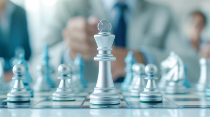 A close-up of a silver king chess piece on a chessboard with blurred business people in the background. The image highlights strategic thinking, leadership, and decision-making in a corporate setting.