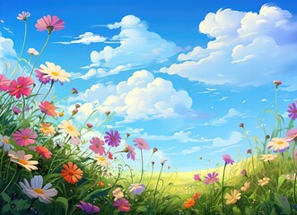 Wall Mural - Flowers in field with clouds