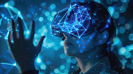 Woman in Virtual Reality Headset with Glowing Network Pattern