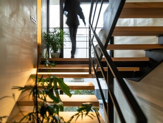 Canvas Print - Wooden Stairs with Black Railing and a Shadowy Figure