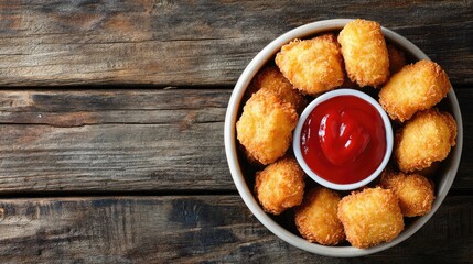 Wall Mural - Tasty chicken nuggets with ketchup on a rustic wooden backdrop, offering ample copy space for your food-related text or marketing.