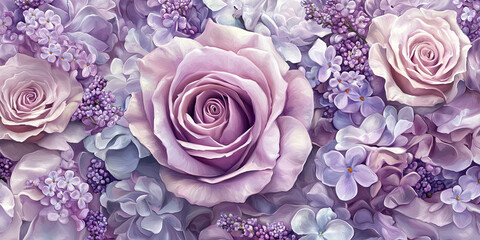 Poster - A bouquet of purple roses and lilac flowers, generative AI