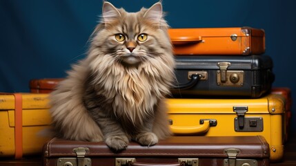 A fluffy red cat-traveler sits in a suitcase with clothes. Theme of tourism and travel.