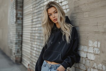 Blonde woman wearing black hoodie and blue jeans against a blue wall