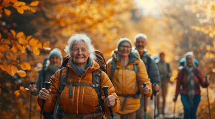 Senior woman hiking through autumn forest