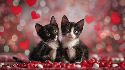 Wall Mural - Two kittens sitting in front of red hearts