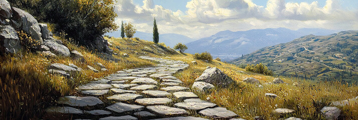 Wall Mural - An ancient stone path winding through the hills, generative AI