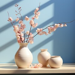 Poster - Beautiful white blooming flowers on branches in a white ceramic vase. The theme of a beautiful and stylish interior.