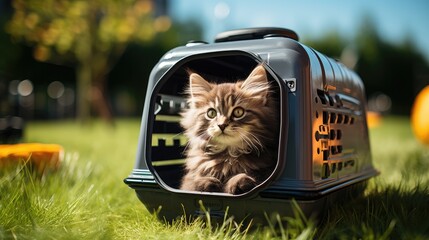 Wall Mural - A young fluffy beautiful cute cat sits in a carrier on the green grass. Favorite pets. Theme of health and disease prevention.