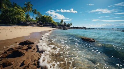 Charming tropical island with yellow beach, blue waves and blue sea. Sunny deserted beach with clear water. Theme of travel and recreation.