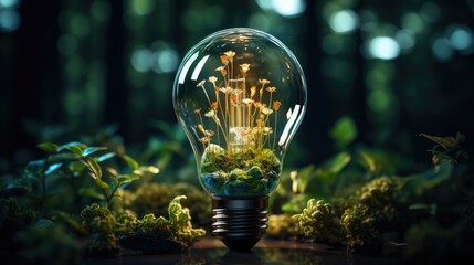 A transparent glass light bulb with a green plant inside stands in the middle of the forest. Theme of ecology and environmental protection.