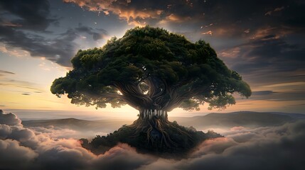 Wall Mural - enchanting digital illustration: a crystal palace nestled among the branches of a giant, ancient tre