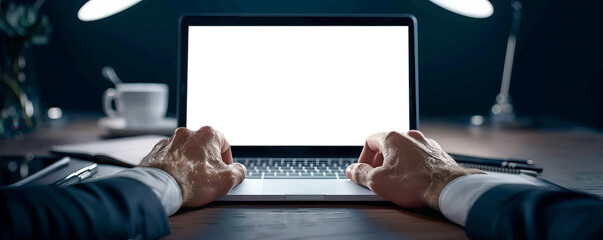 Minimalist Workspace: Close-up of Male Hands on Blank Laptop Screen for Mock-Up Design with Copyspace in Background
